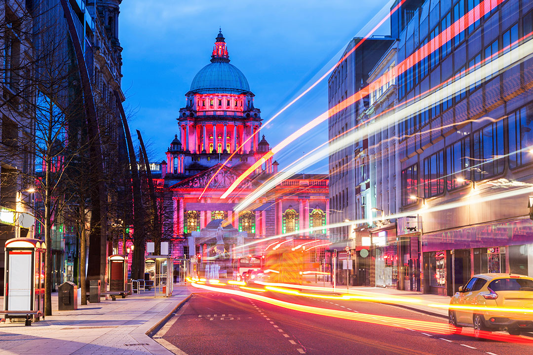 A photo of Belfast city centre at night